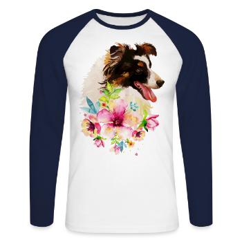 Aquarelle Collie Chien - T-shirt baseball manches longues Homme - blanc/marine - Devant - Nik (191cm)