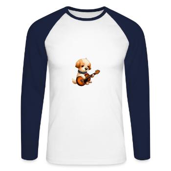 Chien avec guitare - T-shirt baseball manches longues Homme - blanc/marine - Devant - Nik (191cm)
