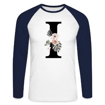 Tropischer Blumenbuchstabe I - Unisex Baseballshirt langarm - Weiß/Navy - Vorne - Nik (191cm)