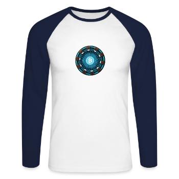 Réacteur Bitcoin - T-shirt baseball manches longues Homme - blanc/marine - Devant - Nik (191cm)