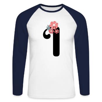 Buchstabe i Minimalistische Blumen - Unisex Baseballshirt langarm - Weiß/Navy - Vorne - Nik (191cm)