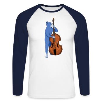 CAT PLAYING A DOUBLE BASS – BAD ASS BASS CAT - Unisex Long Sleeve Baseball T-Shirt - white/navy - Front - Nik (191cm)