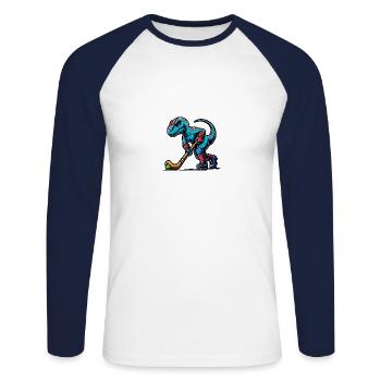 Équipe de joueurs de hockey sur gazon Dinosaur Dino - T-shirt baseball manches longues Homme - blanc/marine - Devant - Nik (191cm)