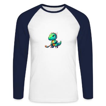 Dinosaure Dino Joueur de hockey sur gazon Team Cool - T-shirt baseball manches longues Homme - blanc/marine - Devant - Nik (191cm)