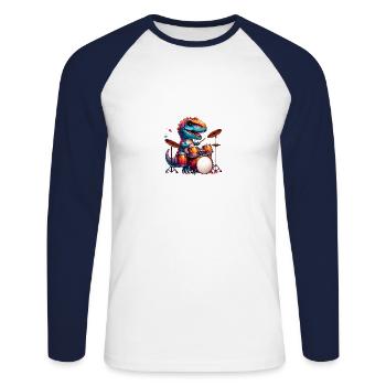 Cool T-Rex Dinosaur On Drums - Unisex Long Sleeve Baseball T-Shirt - white/navy - Front - Nik (191cm)