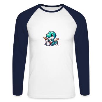 Cute Dinosaur Plays Drums - Unisex Long Sleeve Baseball T-Shirt - white/navy - Front - Nik (191cm)