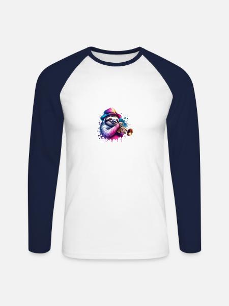 Cool Sloth Trumpeter Music Motif - Unisex Long Sleeve Baseball T-Shirt - white/navy
