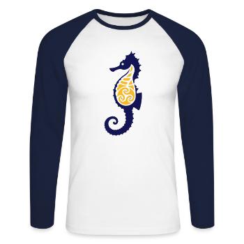 Tribal Seahorse - Unisex Baseballshirt langarm - Weiß/Navy - Vorne - Nik (191cm)