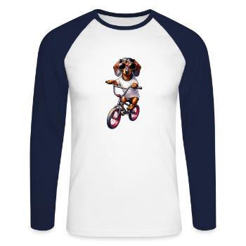 Teckel BMX Cyclisme Vélo Chien Propriétaire - T-shirt baseball manches longues Homme - blanc/marine - Devant - Nik (191cm)