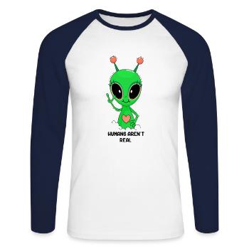 Humains et extraterrestres - T-shirt baseball manches longues Homme - blanc/marine - Devant - Nik (191cm)