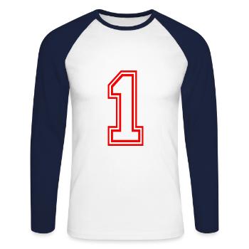 Sportif design maillot look cool numéro 1 - T-shirt baseball manches longues Homme - blanc/marine - Devant - Nik (191cm)