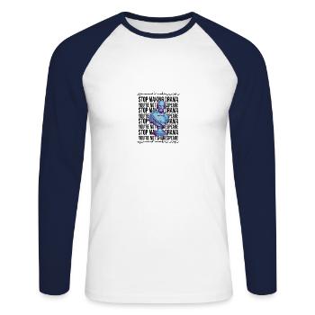 Arrêtez de faire du drame vous n’êtes pas Shakespeare - T-shirt baseball manches longues Homme - blanc/marine - Devant - Nik (191cm)