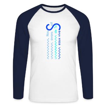 Eaux vives Version 2 - T-shirt baseball manches longues Homme - blanc/marine - Devant - Nik (191cm)