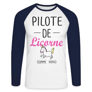 pilote de licorne papa anniversaire fille cheval - T-shirt baseball manches longues Homme - blanc/marine - Devant - Nik (191cm)