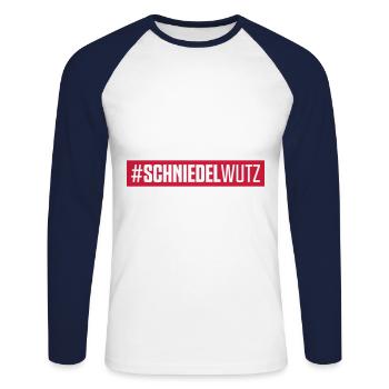 schniedelwutz hashtag penis - Unisex Baseballshirt langarm - Weiß/Navy - Vorne - Nik (191cm)