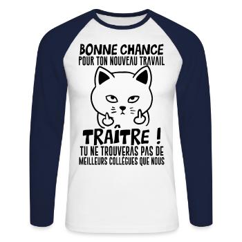 Idée Cadeau Départ Collègue de Travail Humour - T-shirt baseball manches longues Homme - blanc/marine - Devant - Nik (191cm)