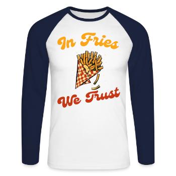 In Fries We Trust, Fry Fast Food, Boîte à Frites - T-shirt baseball manches longues Homme - blanc/marine - Devant - Nik (191cm)