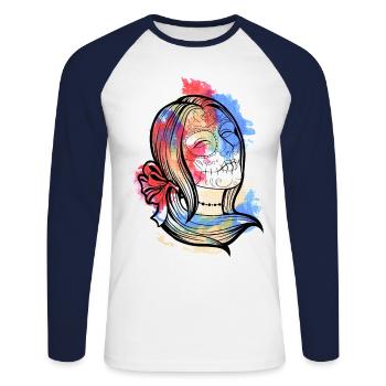 Ein Schönes und Lustiges Aquarell Calavera Design - Unisex Baseballshirt langarm - Weiß/Navy - Vorne - Nik (191cm)