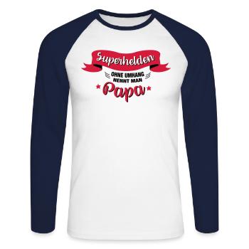 Superheld Papa - Unisex Baseballshirt langarm - Weiß/Navy - Vorne - Nik (191cm)