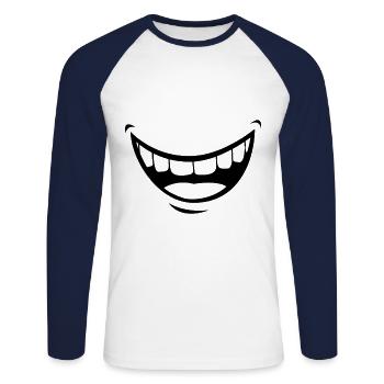Masque protection Sourire - Smile drôle covid - T-shirt baseball manches longues Homme - blanc/marine - Devant - Nik (191cm)