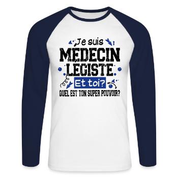 Médecin Légiste Super Pouvoir Cadeau Humour - T-shirt baseball manches longues Homme - blanc/marine - Devant - Nik (191cm)