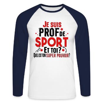 Prof de Sport Professeur Métier Cadeau Humour - T-shirt baseball manches longues Homme - blanc/marine - Devant - Nik (191cm)