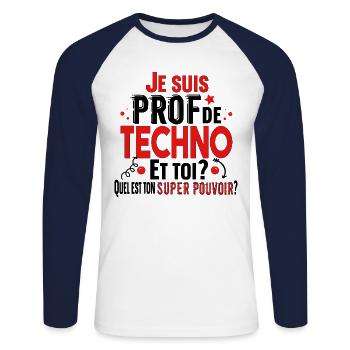 Techno Prof Professeur Métier Collège Lycée - T-shirt baseball manches longues Homme - blanc/marine - Devant - Nik (191cm)