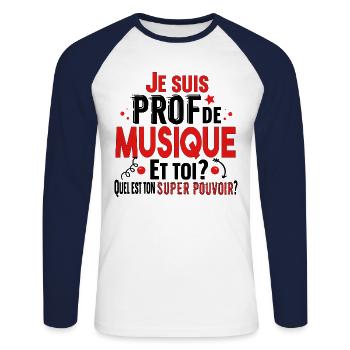Prof Professeur Musique Métier Collège Lycée - T-shirt baseball manches longues Homme - blanc/marine - Devant - Nik (191cm)