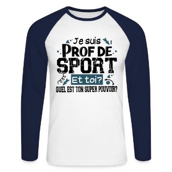 Prof de Sport Professeur Métier Cadeau Humour - T-shirt baseball manches longues Homme - blanc/marine - Devant - Nik (191cm)