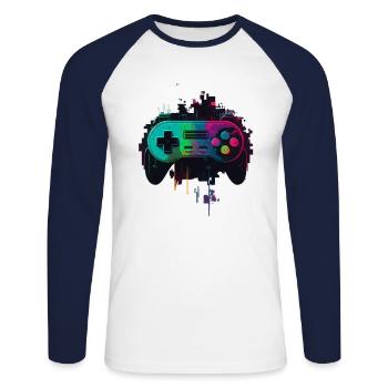 Console rétro - T-shirt baseball manches longues Homme - blanc/marine - Devant - Nik (191cm)