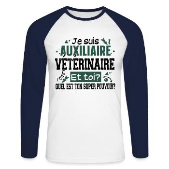 Auxiliaire Vétérinaire Métier Animal Chien Chat - T-shirt baseball manches longues Homme - blanc/marine - Devant - Nik (191cm)