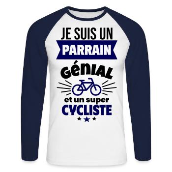 Parrain génial et super cycliste Vélo Cyclisme - T-shirt baseball manches longues Homme - blanc/marine - Devant - Nik (191cm)