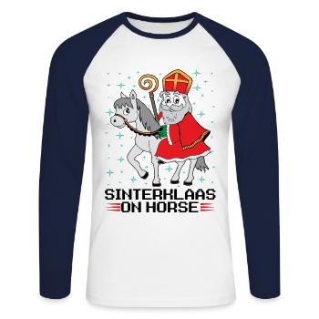 Sinterclass à cheval - T-shirt baseball manches longues Homme - blanc/marine - Devant - Nik (191cm)