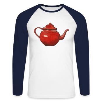 rote Teekanne Kaffeekanne emailliert - Unisex Baseballshirt langarm - Weiß/Navy - Vorne - Nik (191cm)