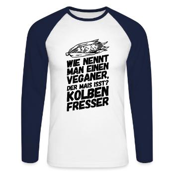 Lustige Sprüche Vegan Veganer Mais II - Unisex Baseballshirt langarm - Weiß/Navy - Vorne - Nik (191cm)