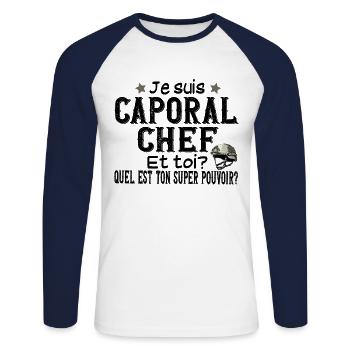 Caporal Chef Militaire Armée Métier Super Pouvoir - T-shirt baseball manches longues Homme - blanc/marine - Devant - Nik (191cm)