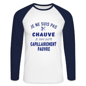 Je suis pas chauve je suis capillairement pauvre - T-shirt baseball manches longues Homme - blanc/marine - Devant - Nik (191cm)