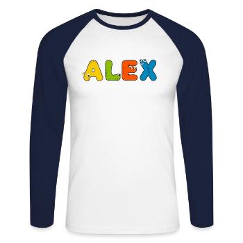 Alex prénom nom mignon dessin animé police cadeau - T-shirt baseball manches longues Homme - blanc/marine - Devant - Nik (191cm)