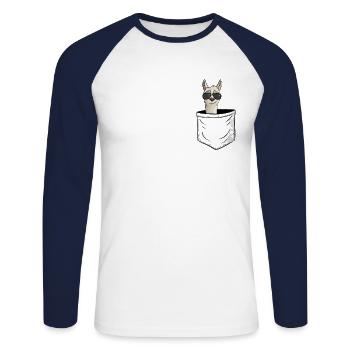 Hipster Alpaka mit Sonnenbrille | Lama in Tasche - Unisex Baseballshirt langarm - Weiß/Navy - Vorne - Nik (191cm)