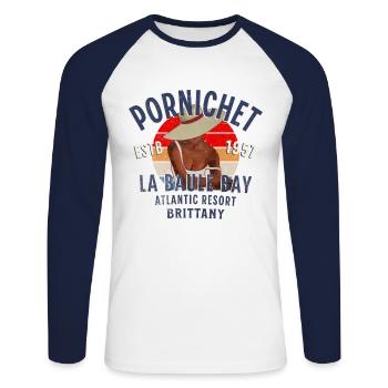 Glamouröses Pornichet - Unisex Baseballshirt langarm - Weiß/Navy - Vorne - Nik (191cm)