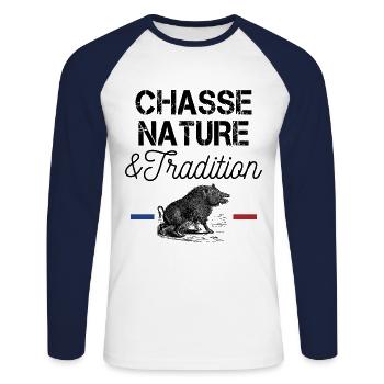 CHASSE NATURE ET TRADITION - T-shirt baseball manches longues Homme - blanc/marine - Devant - Nik (191cm)