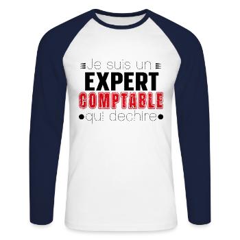 Expert Comptable Comptabilité Cadeau Homme Humour - T-shirt baseball manches longues Homme - blanc/marine - Devant - Nik (191cm)