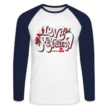 Woodstock Love Revolution - Unisex Baseballshirt langarm - Weiß/Navy - Vorne - Nik (191cm)