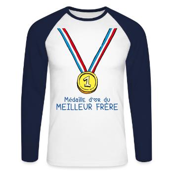 T-shirt Médaille d'or du meilleur frère - T-shirt baseball manches longues Homme - blanc/marine - Devant - Nik (191cm)