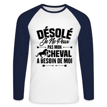 Désolé je ne peux pas mon cheval a besoin de moi - T-shirt baseball manches longues Homme - blanc/marine - Devant - Nik (191cm)