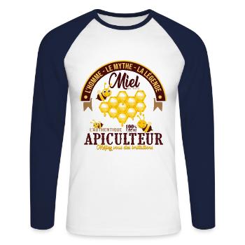 papa authentique Abeille miel apiculture - T-shirt baseball manches longues Homme - blanc/marine - Devant - Nik (191cm)