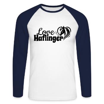 Haflinger amour coeur tête de cheval - T-shirt baseball manches longues Homme - blanc/marine - Devant - Nik (191cm)