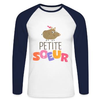 petite soeur cadeau famille chasseur sanglier - T-shirt baseball manches longues Homme - blanc/marine - Devant - Nik (191cm)