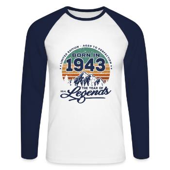 Legends are born in 1943 - Unisex Long Sleeve Baseball T-Shirt - white/navy - Front - Nik (191cm)