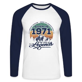 Legends are born in 1971 - Unisex Long Sleeve Baseball T-Shirt - white/navy - Front - Nik (191cm)